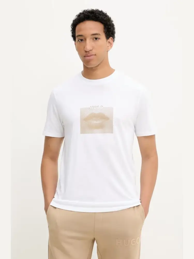 t-shirt in jersey bianco con stampa labbra