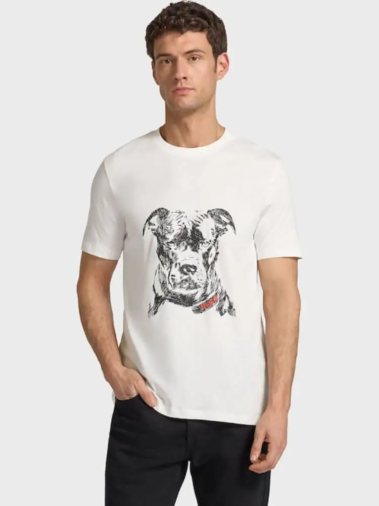 t-shirt in jersey di cotone bianco con stampa pitbull e logo