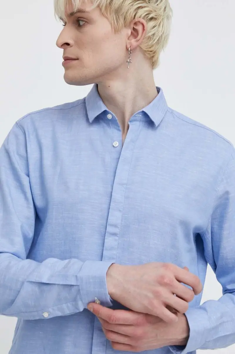 camicia in lino misto colore blu