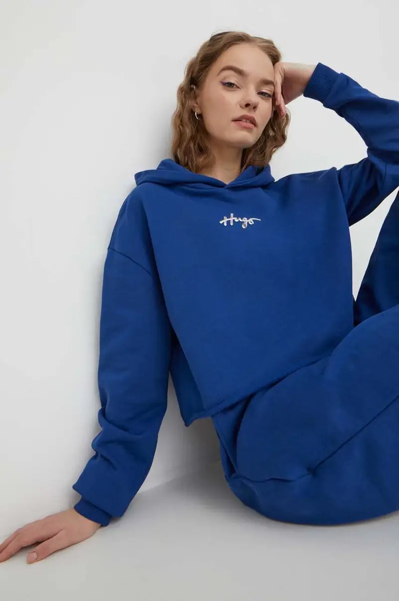 felpa donna colore blu con cappuccio con applicazione