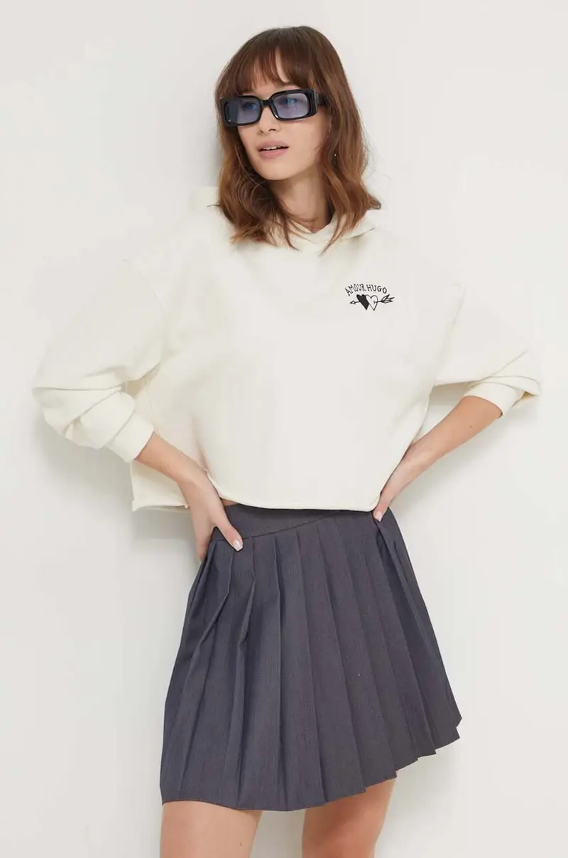 felpa in cotone donna colore beige con cappuccio con applicazione