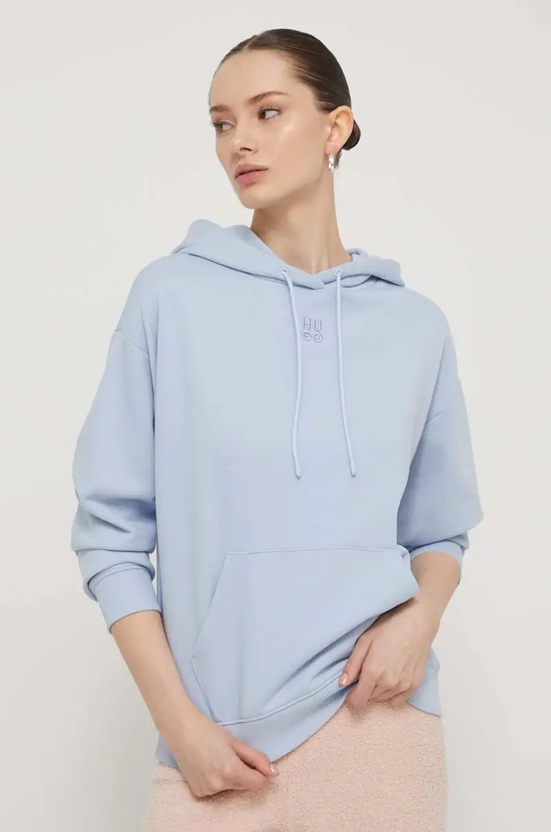 felpa in cotone donna colore blu con cappuccio con applicazione