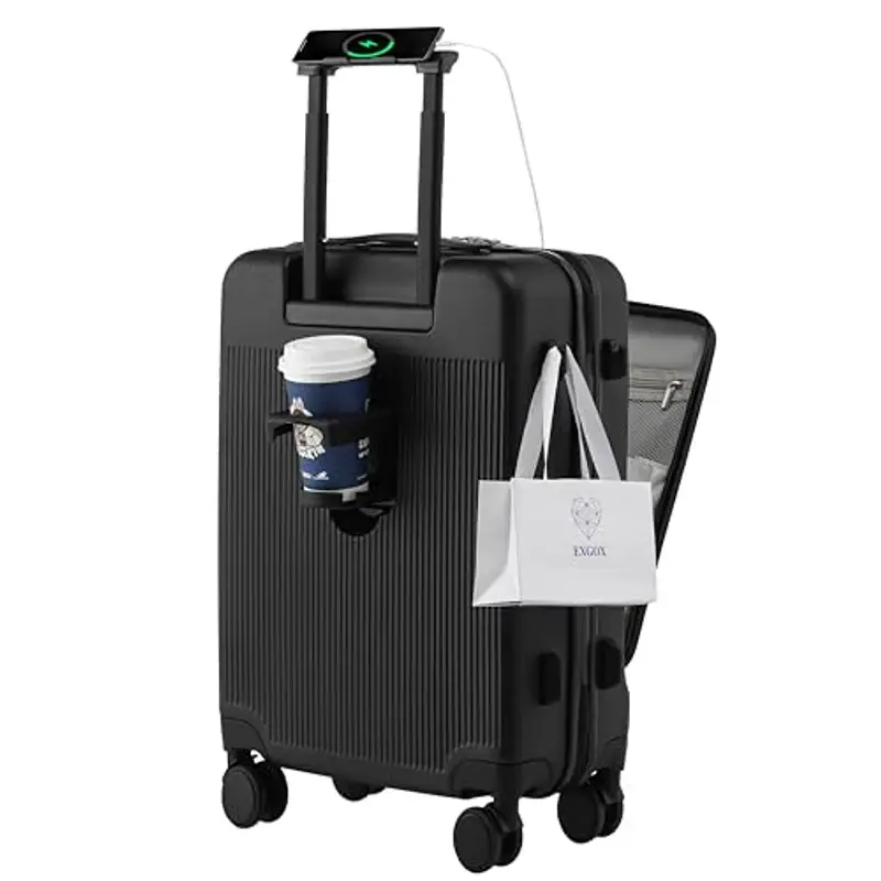 HUIDA TECH Valigia da 20 pollici con Tasca Frontale per laptop, Trolley Leggera con serratura TSA, valigia bagaglio a mano con Ruote girevoli a 360°, Ricarica USB,Porta bicchieri