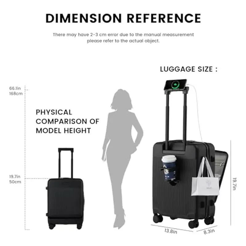 HUIDA TECH Valigia da 20 pollici con Tasca Frontale per laptop, Trolley Leggera con serratura TSA, valigia bagaglio a mano con Ruote girevoli a 360°, Ricarica USB, Porta bicchieri miniatura 3