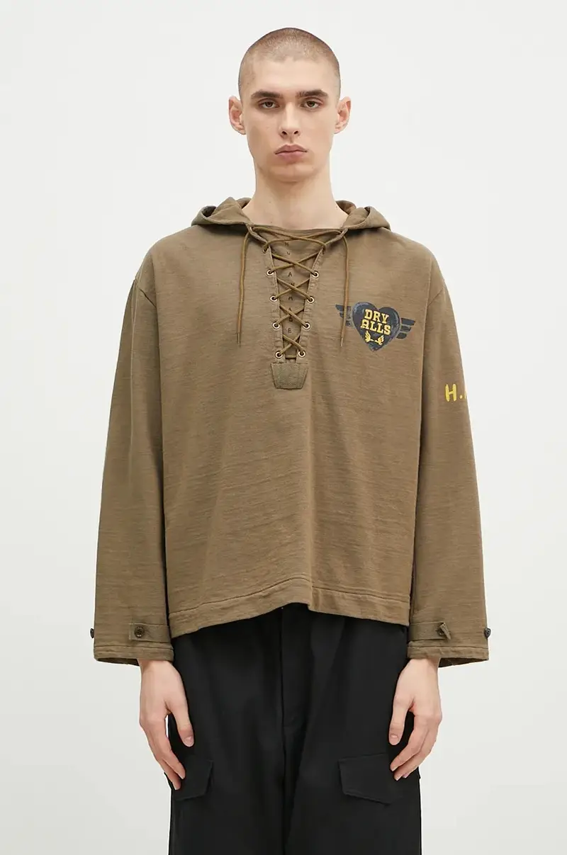 felpa in cotone Lace-Up Hooded Pullover uomo colore verde con cappuccio HM28CS007