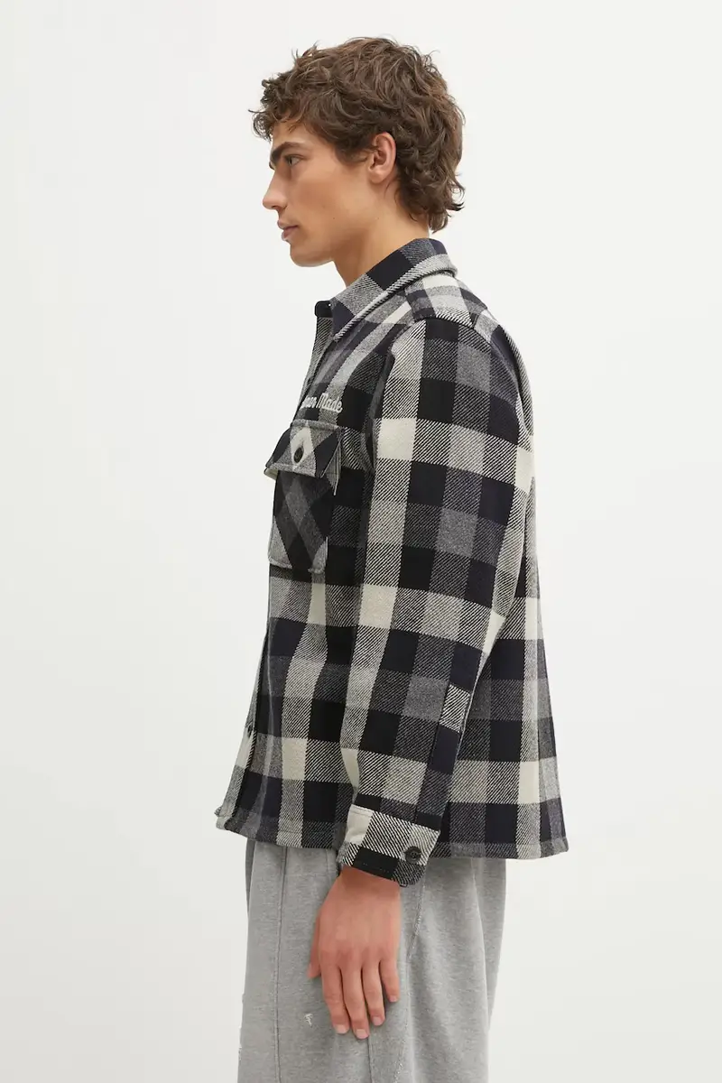 giacca camicia con aggiunta di cotone WOOL CHECK colore blu navy HM30SH013 miniatura 2