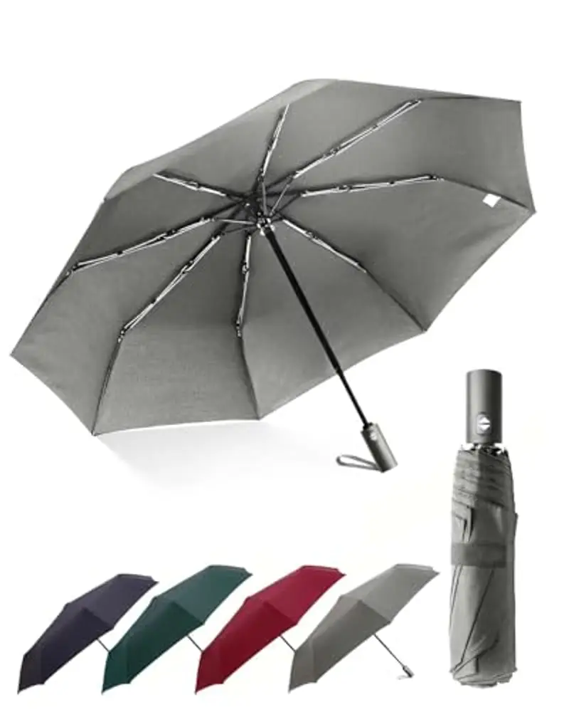 HW CASA Ombrello Pieghevole Antivento 105 CM,Apertura Chiusura Automatico,Ombrello Grande con 8 Nervature in Lega di Fibra di Vetro,Compatto e Portatile Ombrello Automatico,Ombrello Donna,Grigio