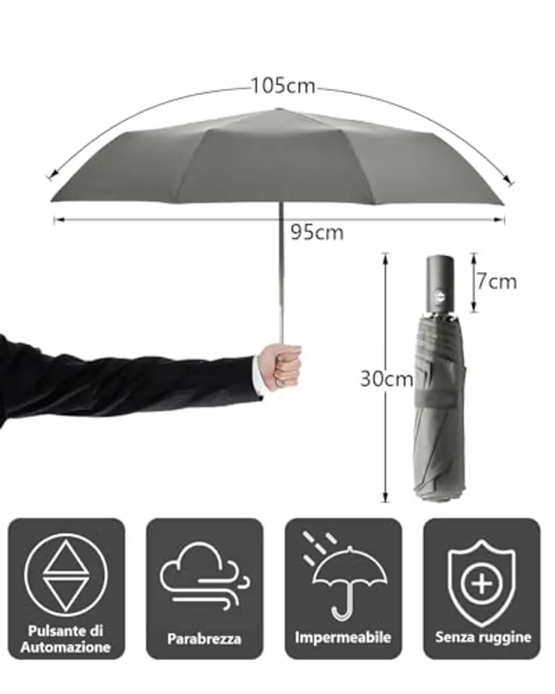 HW CASA Ombrello Pieghevole Antivento 105 CM, Apertura Chiusura Automatico, Ombrello Grande con 8 Nervature in Lega di Fibra di Vetro, Compatto e Portatile Ombrello Automatico, Ombrello Donna, Grigio miniatura 2