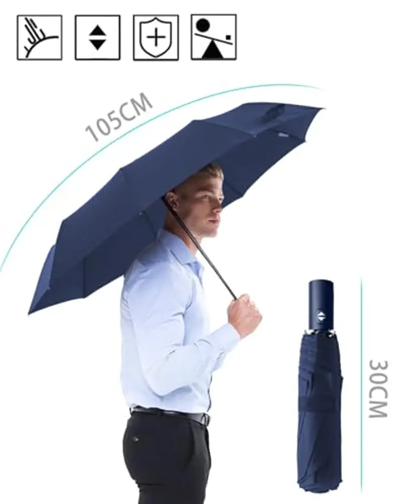 HW CASA Ombrello Pieghevole Antivento, 105CM Ombrello Automatico, 8 Stecche Rinforzo in Fibra di Vetro Ombrello Antivento Robusto, Compatto e Portatile Ombrello da Viaggio, Ombrello Uomo e Donna miniatura 2