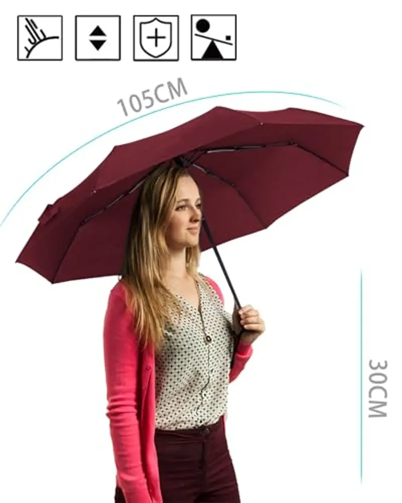 HW CASA Ombrello Pieghevole Antivento, 105CM Ombrello Automatico, 8 Stecche Rinforzo in Fibra di Vetro Ombrello Antivento Robusto, Compatto e Portatile Ombrello da Viaggio, Ombrello Uomo e Donna miniatura 2