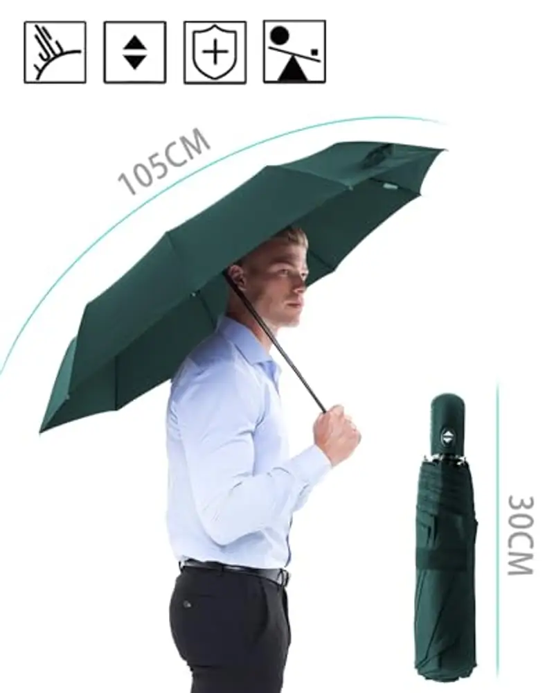 HW CASA Ombrello Pieghevole Antivento, 105CM Ombrello Automatico, 8 Stecche Rinforzo in Fibra di Vetro Ombrello Antivento Robusto, Compatto e Portatile Ombrello da Viaggio, Ombrello Uomo e Donna miniatura 2