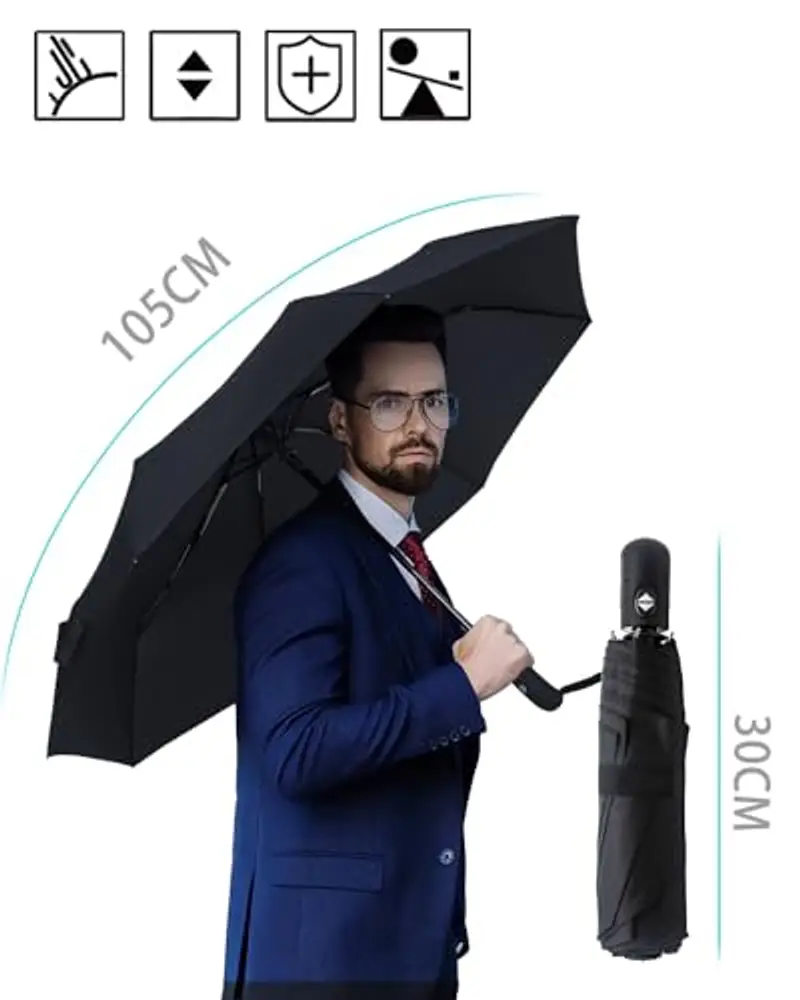 HW CASA Ombrello Pieghevole Antivento, 8 Stecche Rinforzo in Fibra di Vetro Ombrello Antivento Robusto, 105CM Ombrello Automatico, Ombrello Uomo e Donna, Compatto e Portatile Ombrello da Viaggio miniatura 2