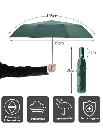 HW CASA Ombrello Pieghevole Antivento, Apertura Chiusura Automatico, 105 CM Ombrello Grande con 8 Nervature in Lega di miniatura 2