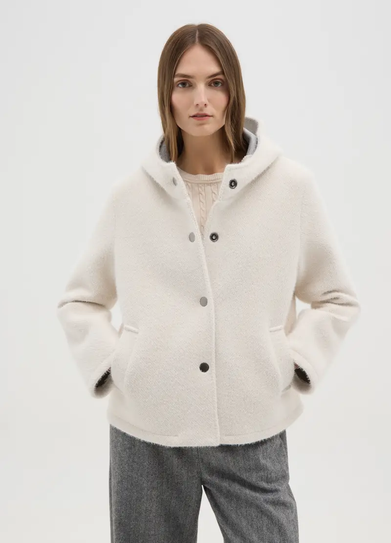Cappotto Bianco Regular Fit Con Cappuccio E Bottoni, Donna, Bianco