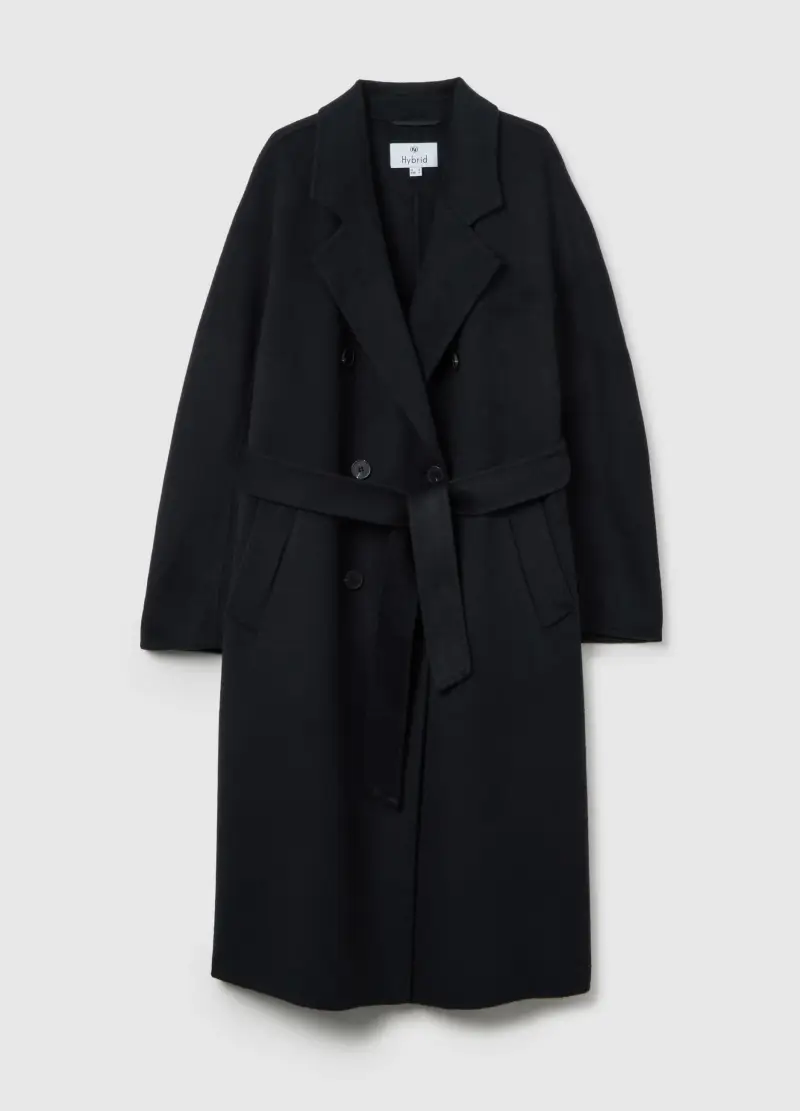 Cappotto Doppiopetto Blu In Misto Lana Regular Fit Con Cintura, Donna, Nero