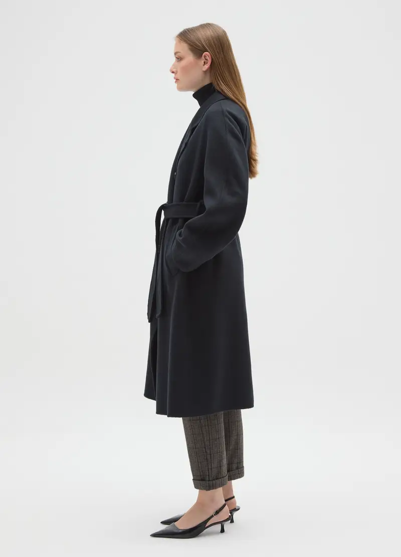 Cappotto Doppiopetto Blu In Misto Lana Regular Fit Con Cintura, Donna, Nero miniatura 2