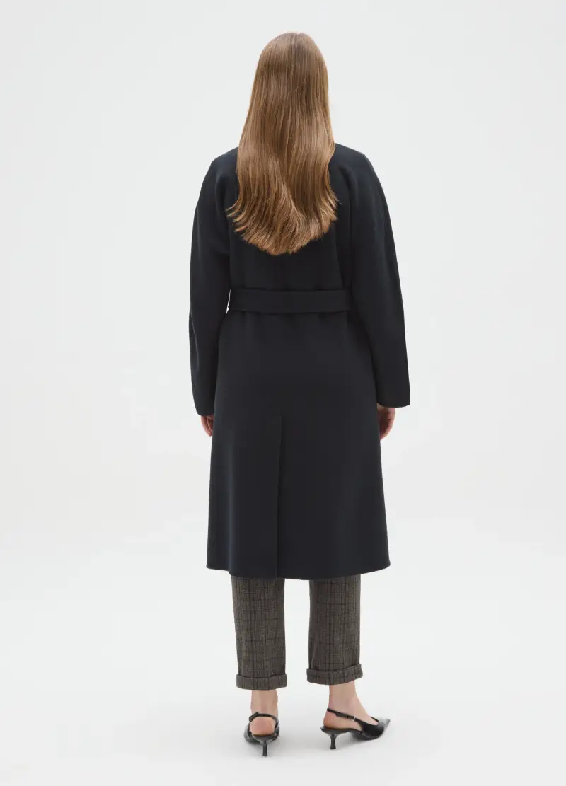 Cappotto Doppiopetto Blu In Misto Lana Regular Fit Con Cintura, Donna, Nero miniatura 3