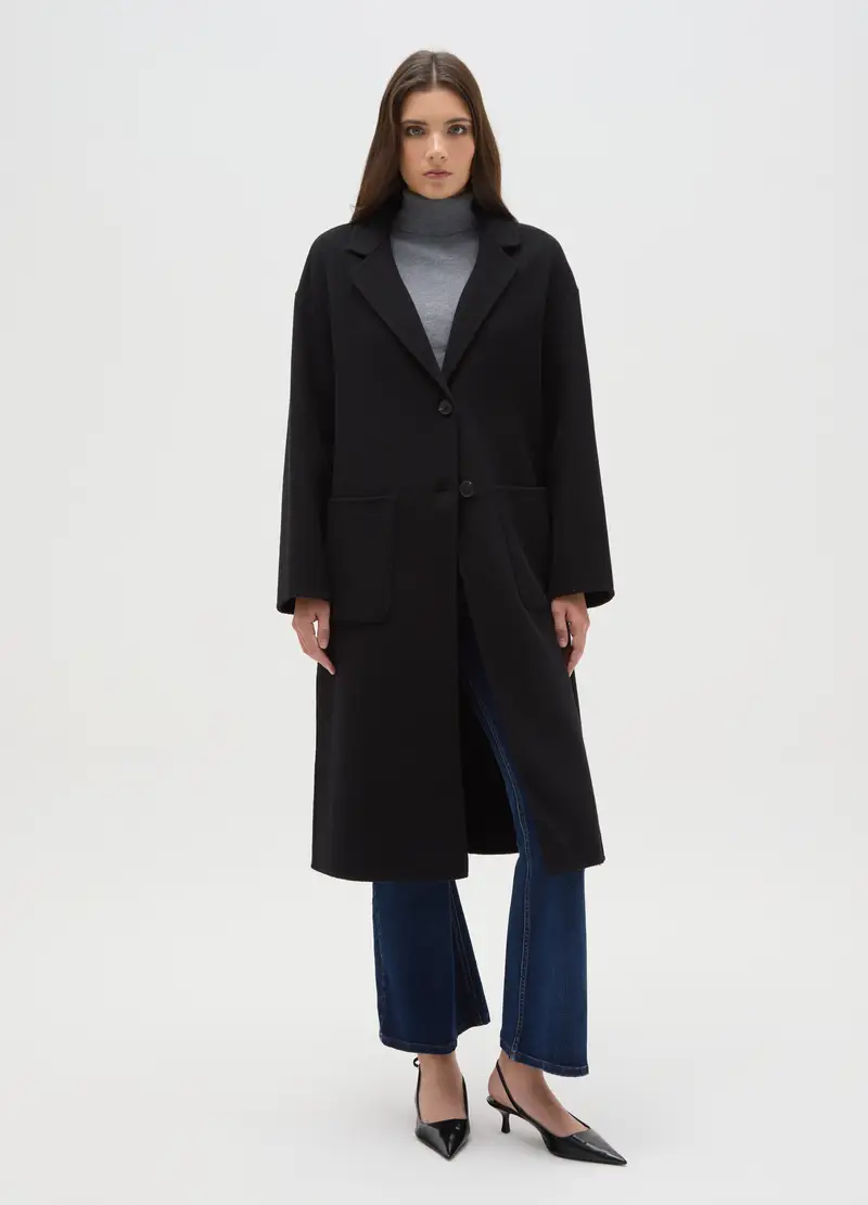 Cappotto Lungo Nero In Misto Lana E Cashmere Regular Fit, Donna, Nero miniatura 2