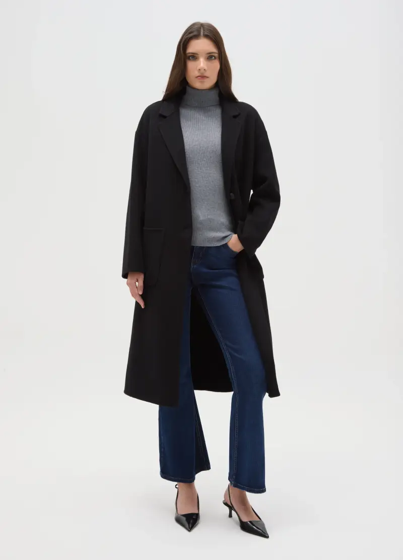 Cappotto Lungo Nero In Misto Lana E Cashmere Regular Fit, Donna, Nero