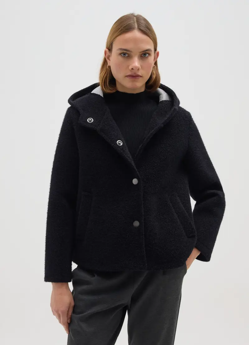 Cappotto Nero Regular Fit Con Cappuccio E Bottoni, Donna, Nero miniatura 2