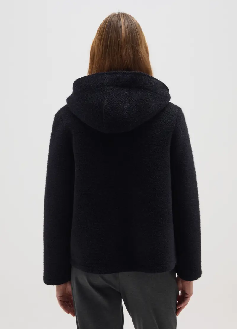 Cappotto Nero Regular Fit Con Cappuccio E Bottoni, Donna, Nero miniatura 3