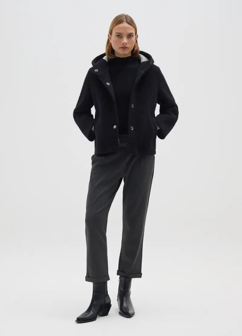 Cappotto Nero Regular Fit Con Cappuccio E Bottoni, Donna, Nero