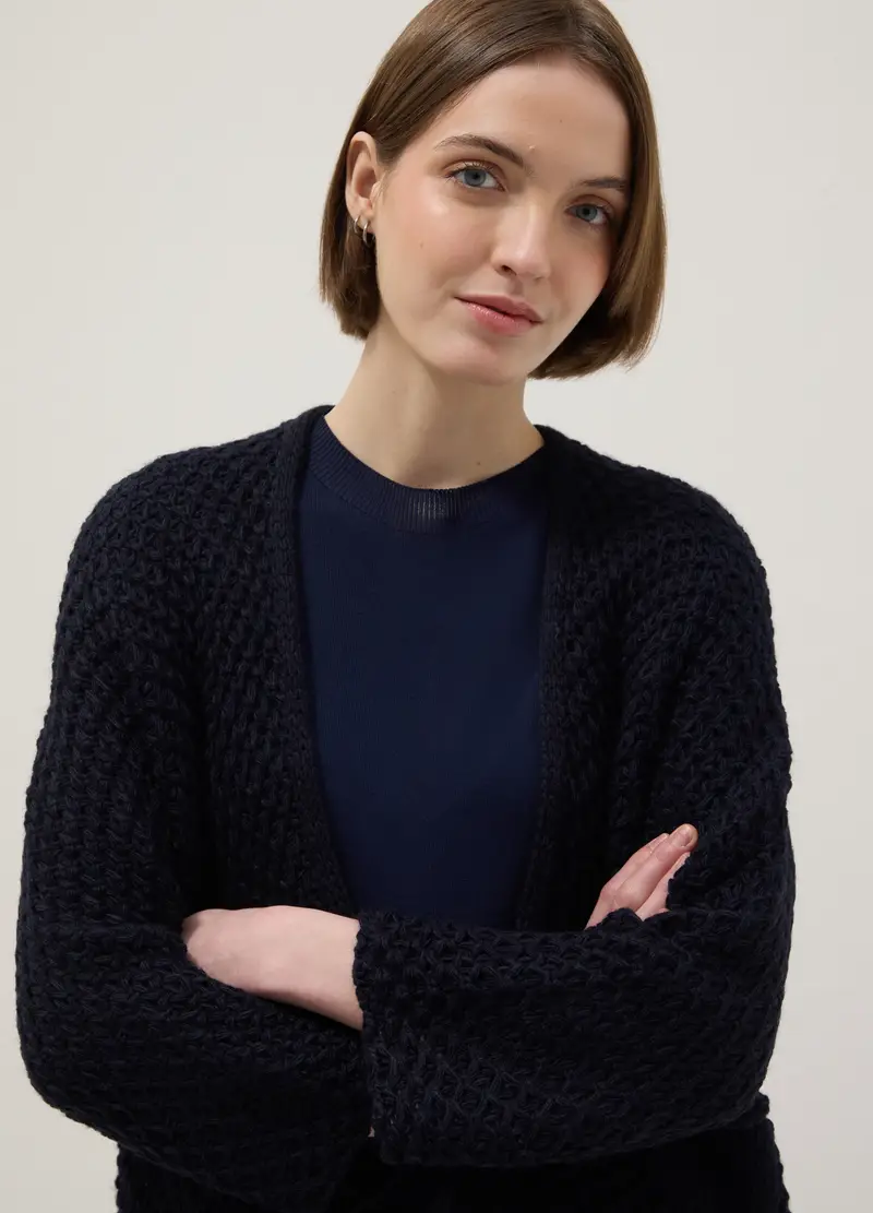 Cardigan Blu Regular Fit A Maglia Intrecciata, Donna, Blu