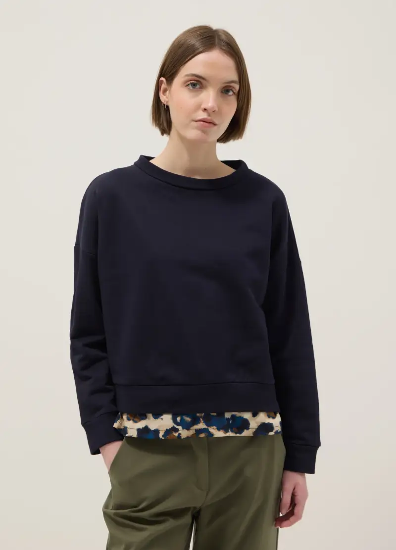 Felpa Girocollo In Cotone Elasticizzato Blu Regular Fit Con Dettaglio, Donna, Blu