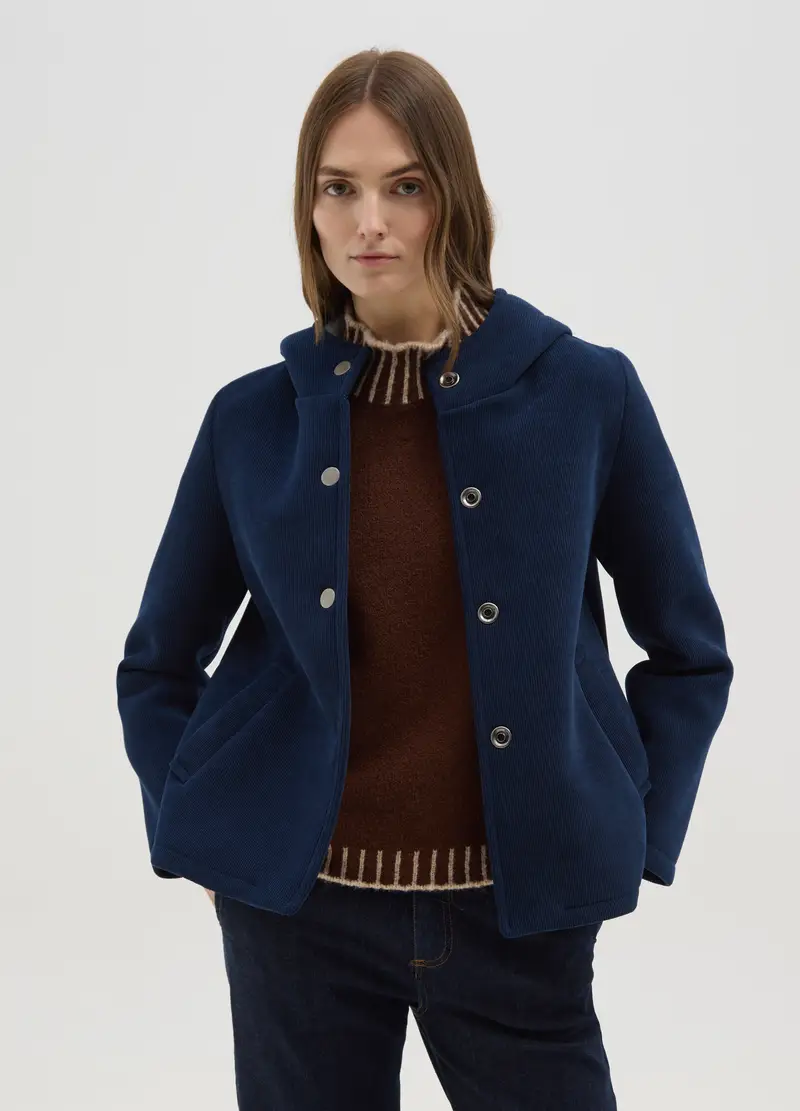 Giacca Blu In Tessuto A Costine Con Cappuccio, Donna, Blu miniatura 2