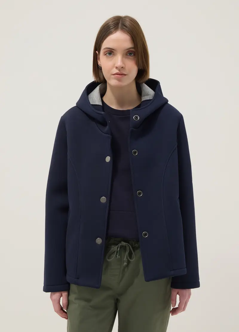 Giacca Blu Regular Fit Con Cappuccio E Bottoni, Donna, Blu miniatura 3