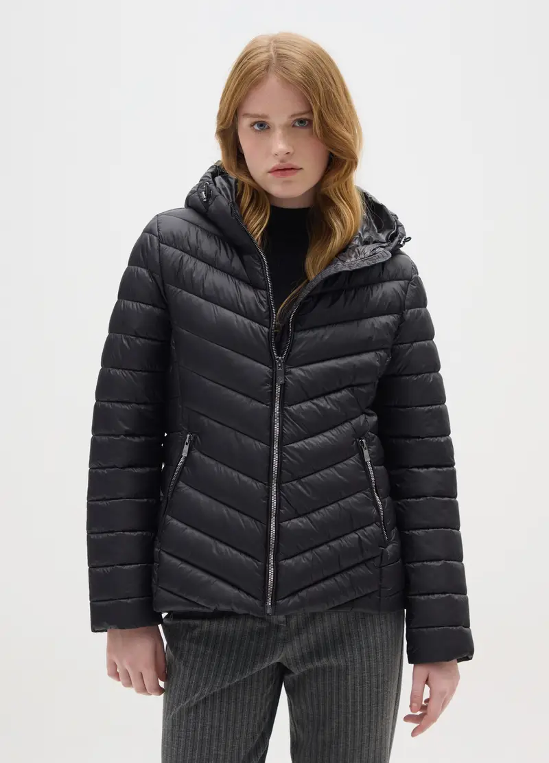 Giacca Imbottita Nera Regular Fit Con Cappuccio, Donna, Nero miniatura 2