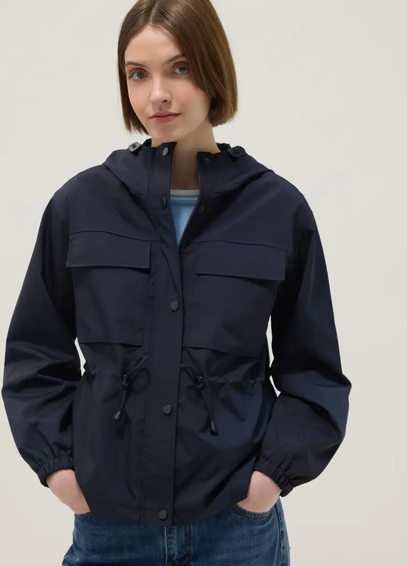 Giacca Impermeabile Blu Regular Fit Con Tasche E Cappuccio, Donna, Blu