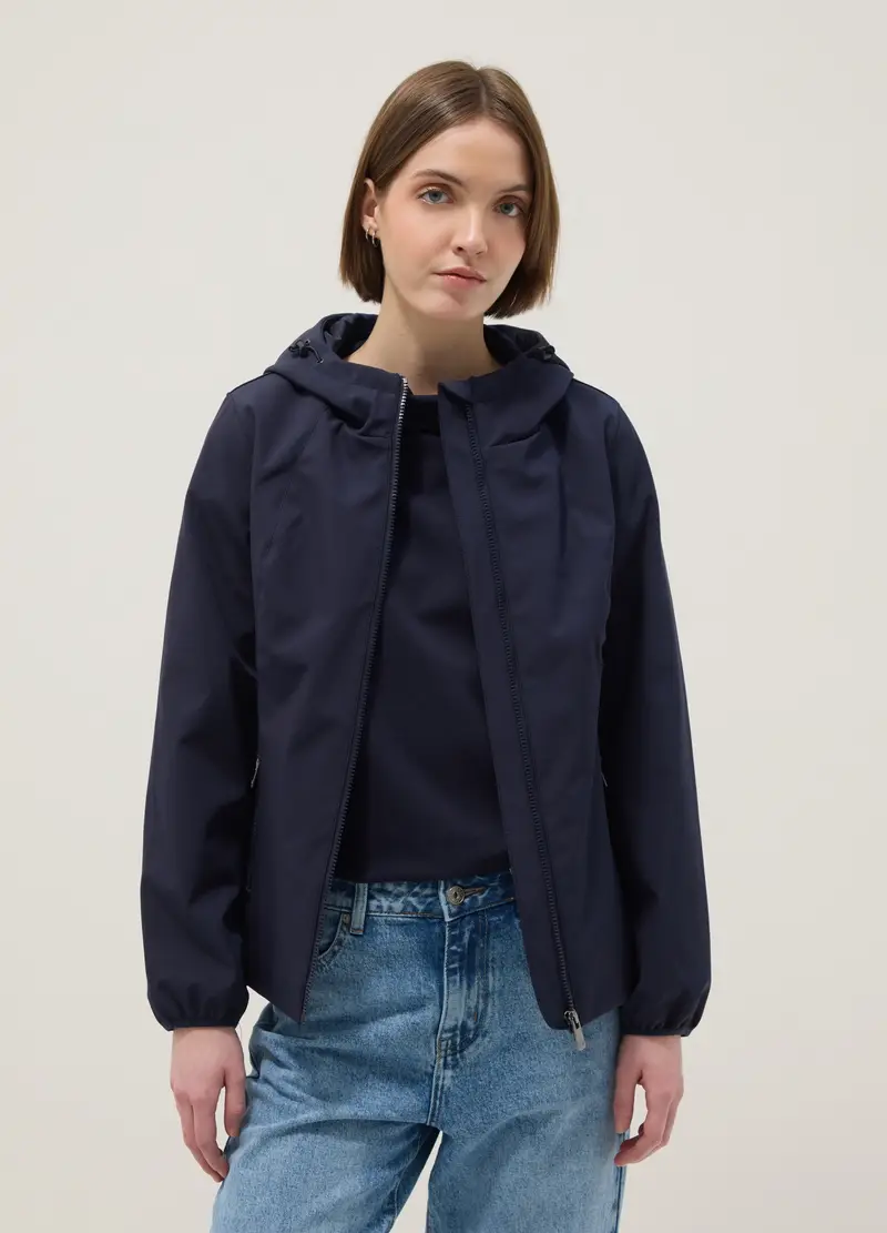Giacca Impermeabile Blu Regular Fit Con Zip E Cappuccio, Donna, Blu miniatura 3