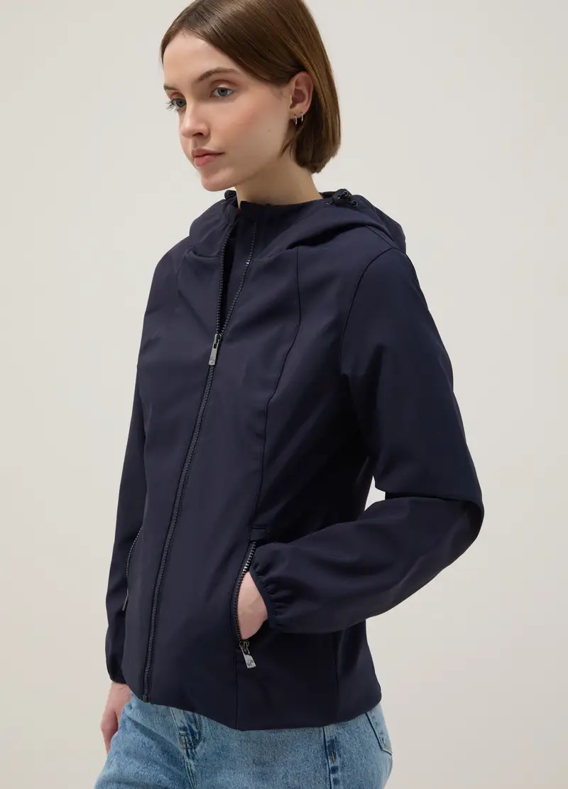 Giacca Impermeabile Blu Regular Fit Con Zip E Cappuccio, Donna, Blu