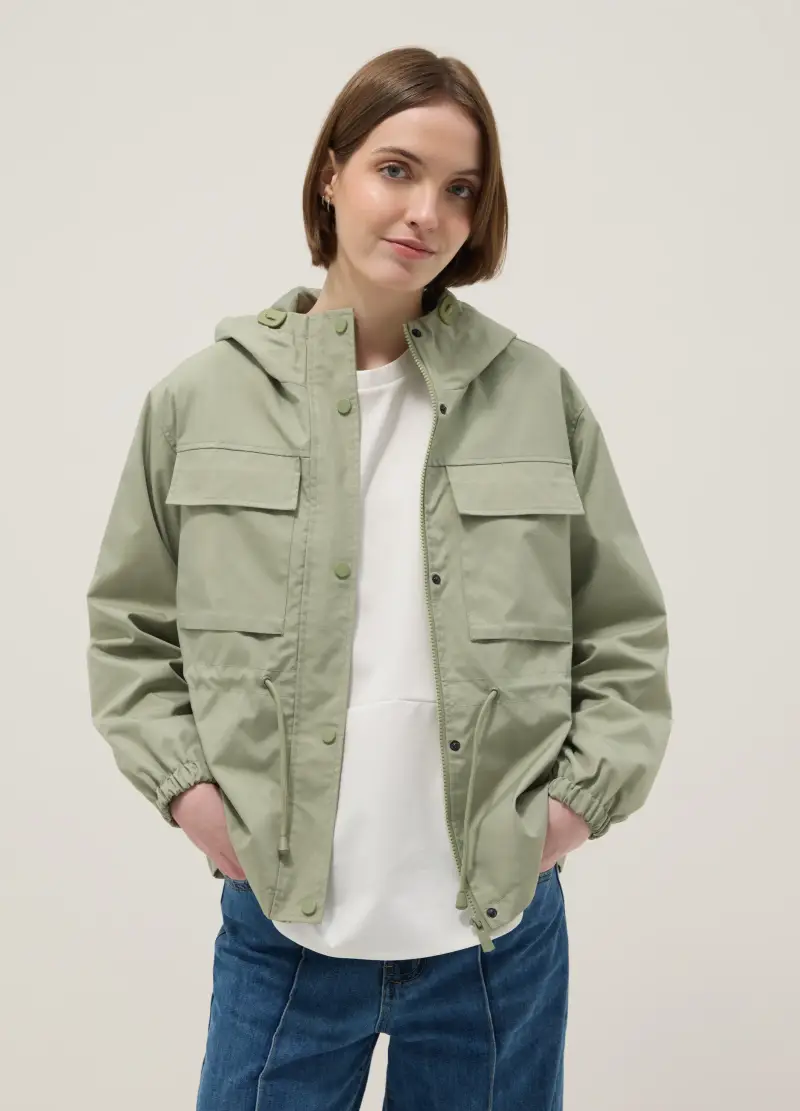 Giacca Impermeabile Verde Regular Fit Con Tasche E Cappuccio, Donna, Verde miniatura 3