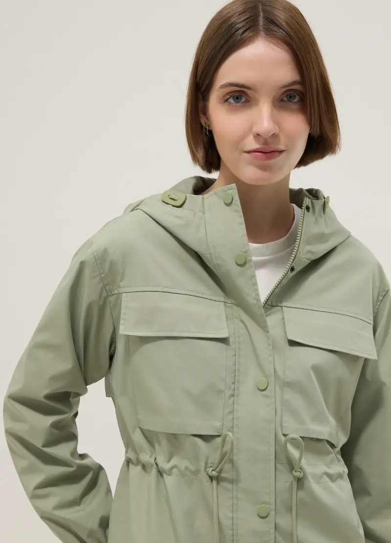 Giacca Impermeabile Verde Regular Fit Con Tasche E Cappuccio, Donna, Verde