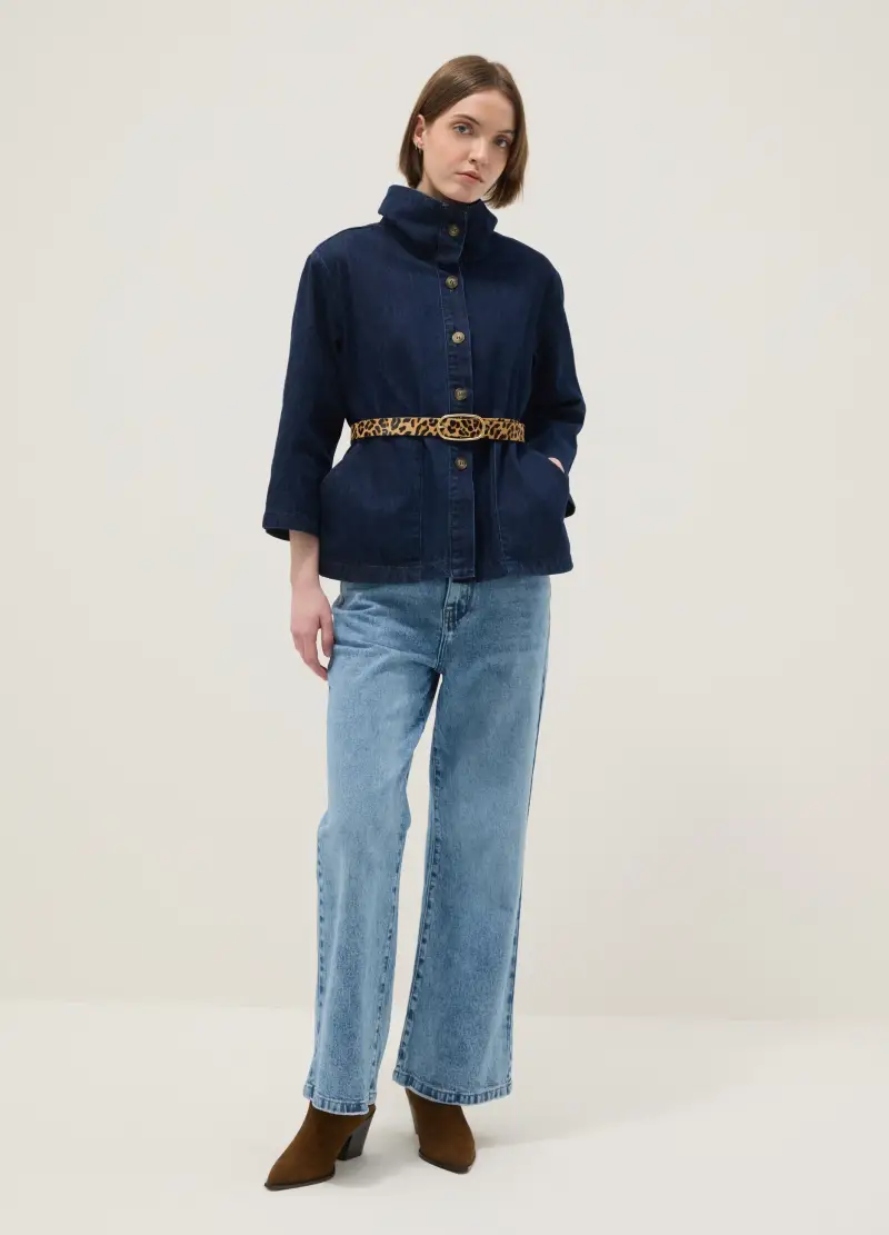 Giacca In Puro Cotone Denim Blu Regular Fit Con Colletto, Donna, Denim miniatura 2