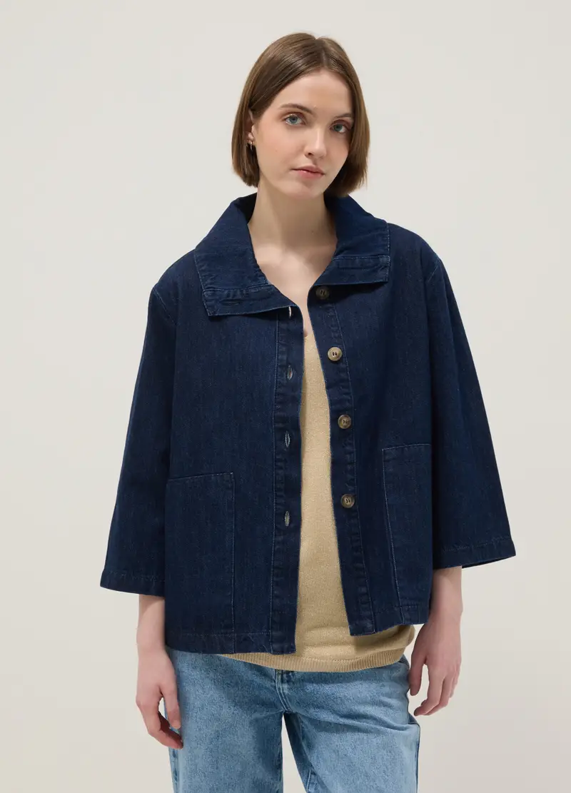 Giacca In Puro Cotone Denim Blu Regular Fit Con Colletto, Donna, Denim miniatura 3