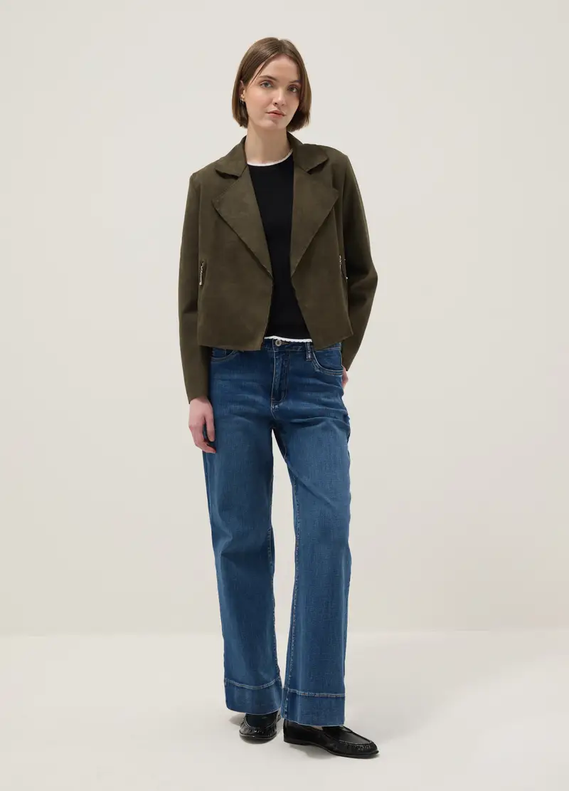 Giacca In Puro Cotone Verde Regular Fit In Stile Biker, Donna, Verde miniatura 3