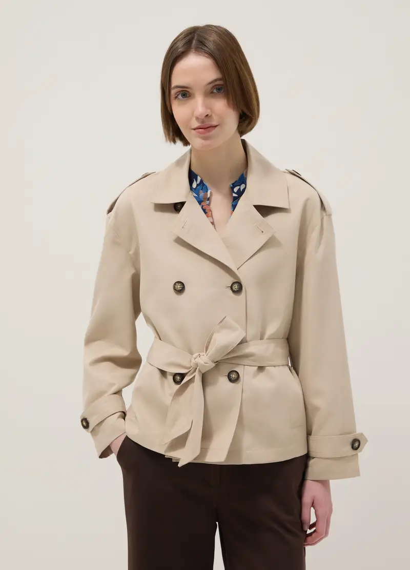 Giacca Leggera Doppiopetto Beige Regular Fit Con Cintura, Donna, Beige miniatura 3