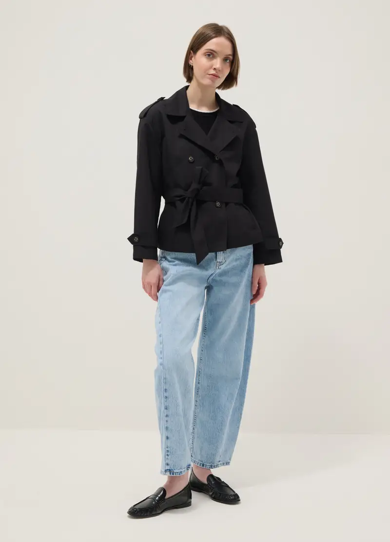 Giacca Leggera Doppiopetto Nera Regular Fit Con Cintura, Donna, Nero miniatura 2