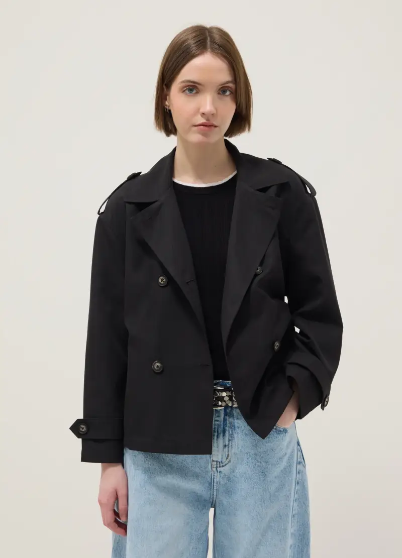 Giacca Leggera Doppiopetto Nera Regular Fit Con Cintura, Donna, Nero miniatura 3