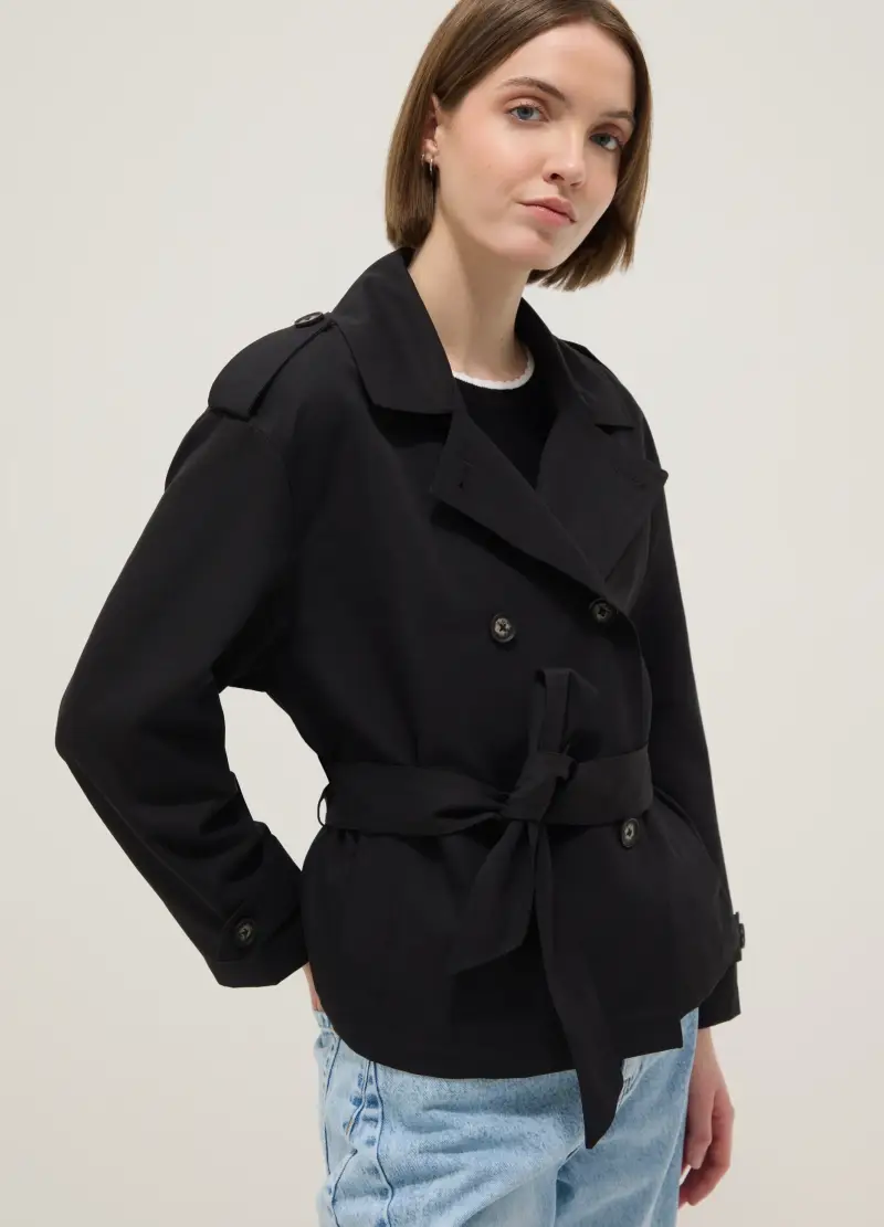 Giacca Leggera Doppiopetto Nera Regular Fit Con Cintura, Donna, Nero