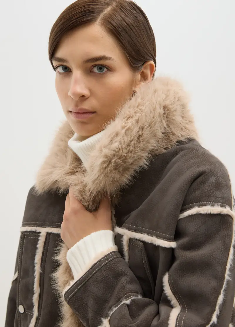 Giacca Marrone Regular Fit Con Effetto Shearling, Donna, Multicolor