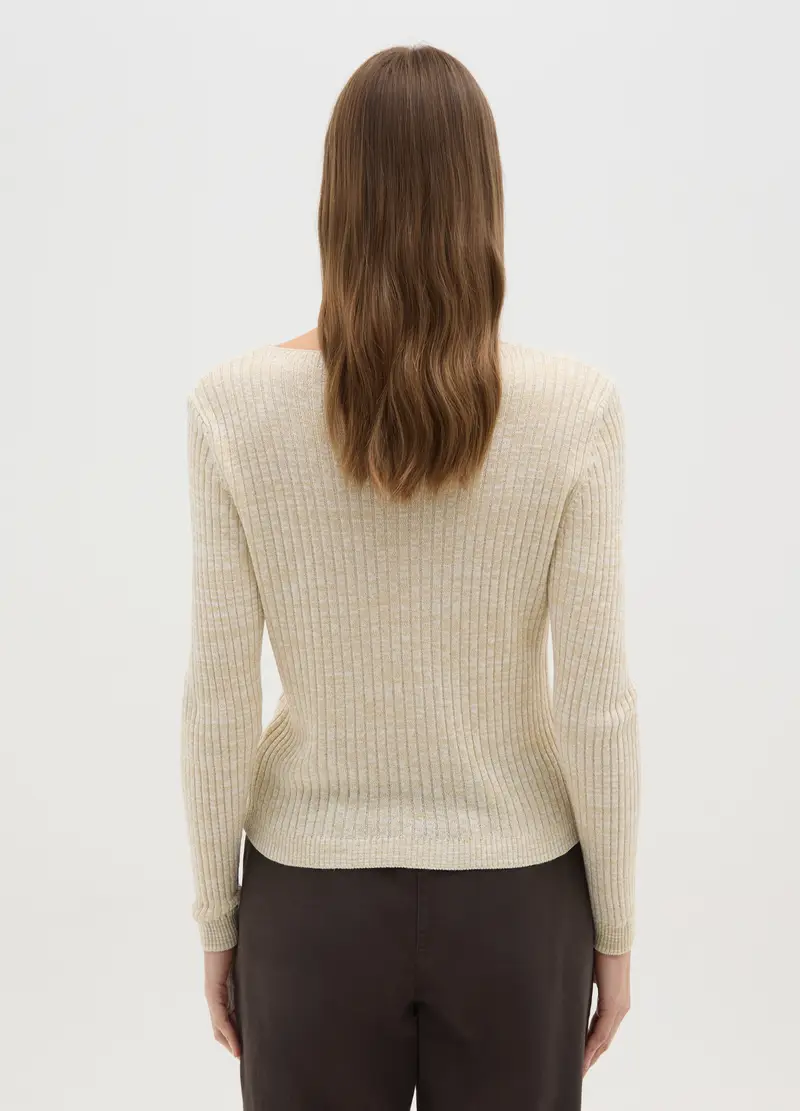 Maglia A Costine Beige Con Fibre Metalliche, Donna, Beige miniatura 3