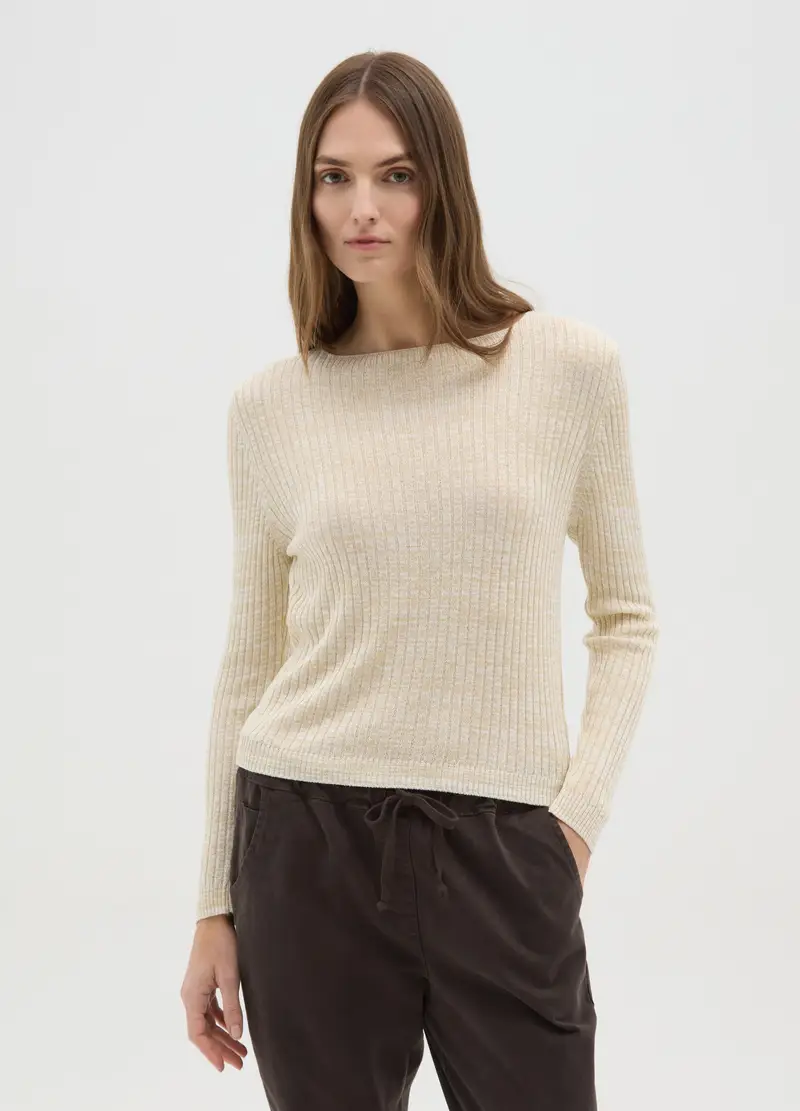 Maglia A Costine Beige Con Fibre Metalliche, Donna, Beige