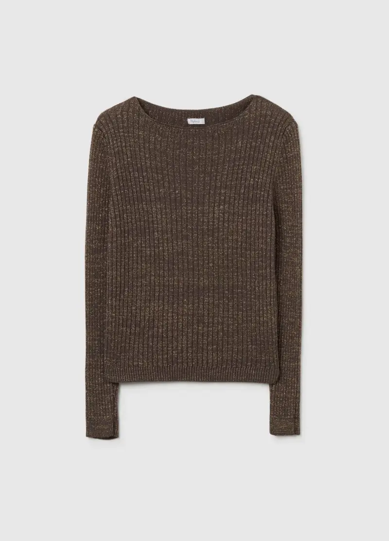 Maglia A Costine Marrone Con Fibre Metalliche, Donna, Marrone