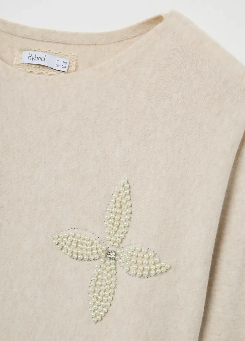 Maglia Beige Con Decorazione Di Perline, Donna, Beige miniatura 2