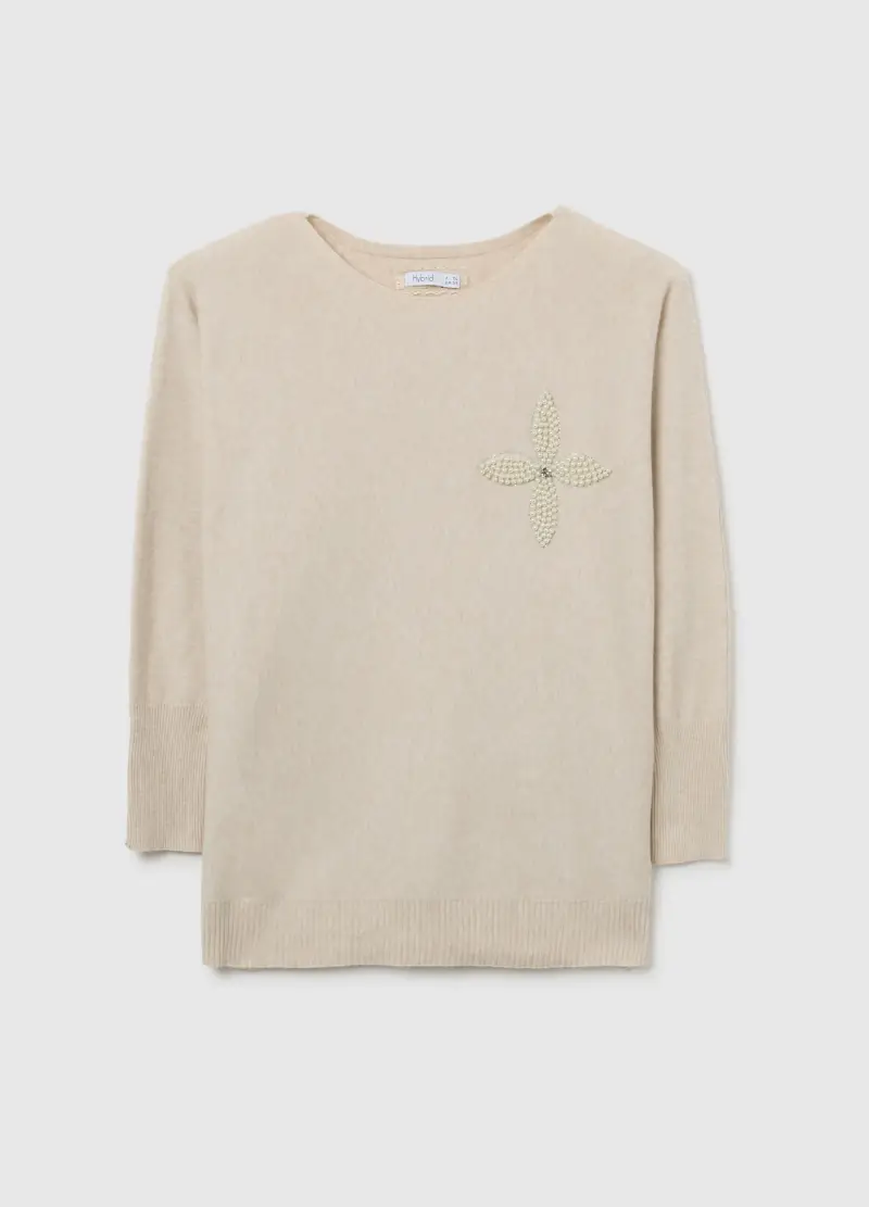 Maglia Beige Con Decorazione Di Perline, Donna, Beige
