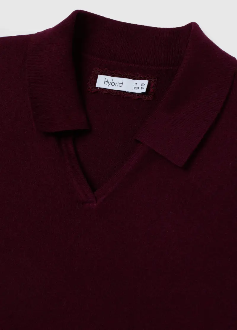 Maglia Bordeaux Con Scollo A V E Colletto, Donna, Rosso miniatura 2